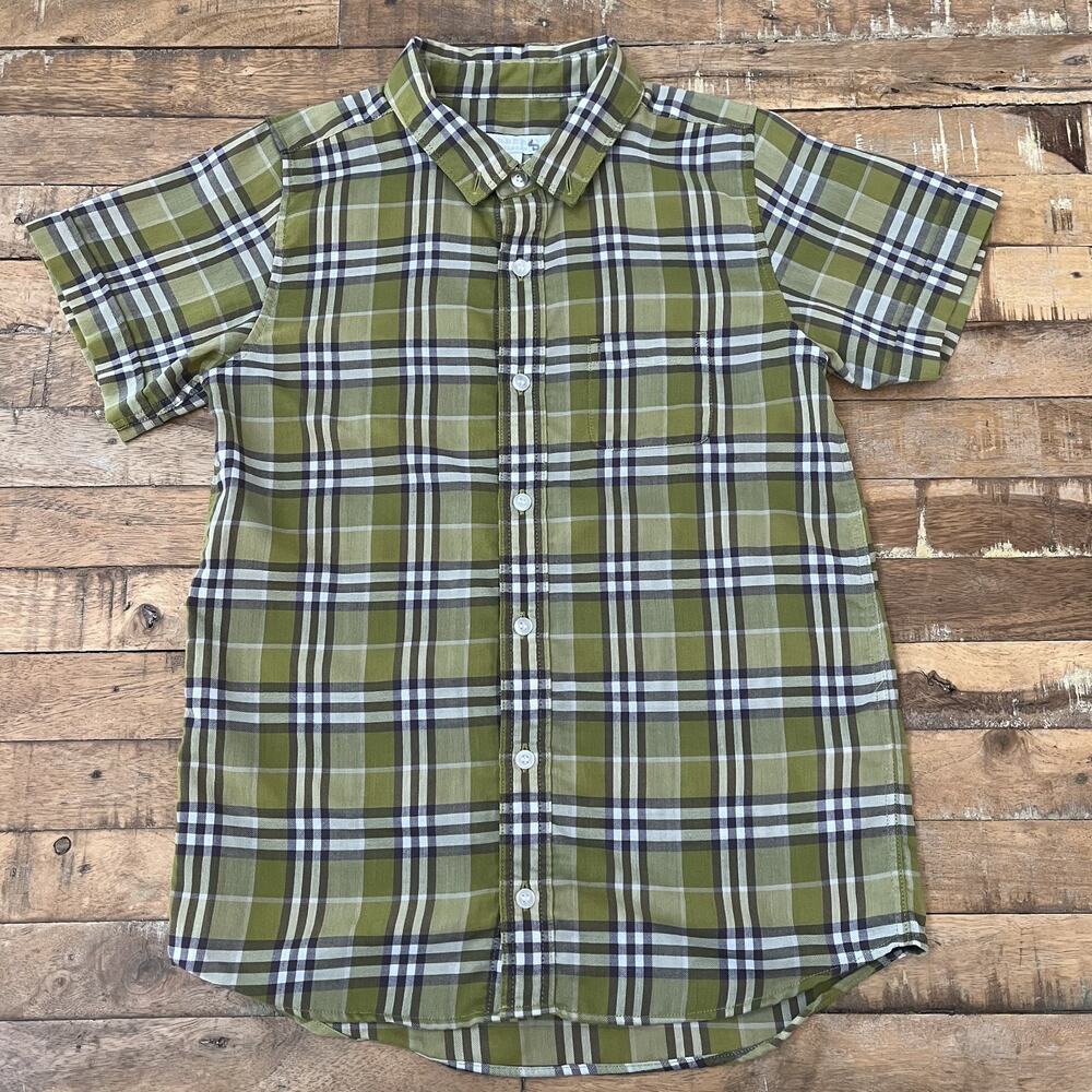Burberry Boys Size 10Y Short Sleeve Olive Plaid Button-Up Shirt 100% Cotton